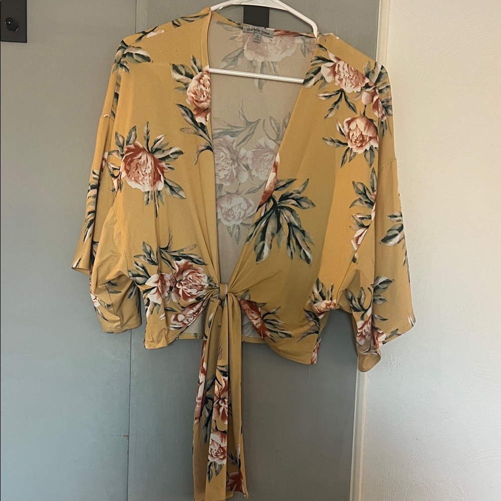 Charlotte Russe Yellow Floral Tie-Front Blouse